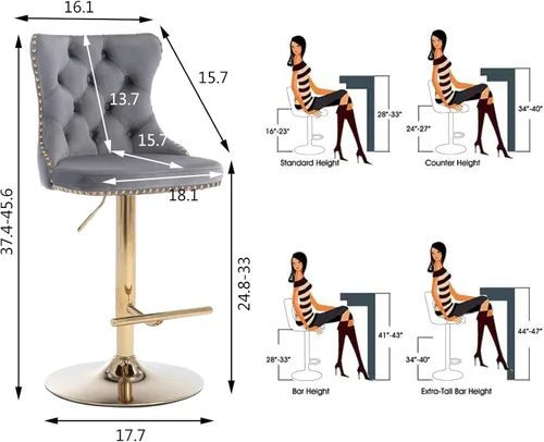 Miniatura 3 de Aoowow Juego de 2 taburetes de bar giratorios ajustables con respaldo de terciopelo copetudo, sillas de bar modernas tapizadas con cabeza de clavo