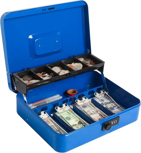 Caja de efectivo grande con bandeja de dinero y cerradura, caja de dinero de metal para efectivo, caja de seguridad de 11.8 x 9.5 x 3.54 pulgadas