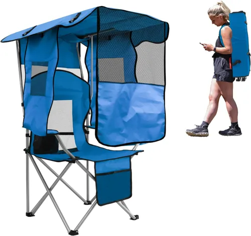 BESTHLS Silla de camping con toldo sillas de playa plegables portátiles con enfriador, respaldo de malla, portavasos y bolsillo para campamento, Azul
