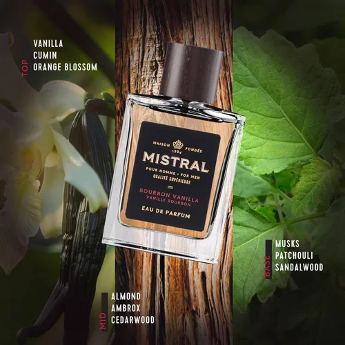 Miniatura 4 de Mistral Colonia para hombre – Bourbon Vanilla Eau de Parfum Aroma masculino cálido y dulce con vainilla, pachulí y sándalo Perfume libre