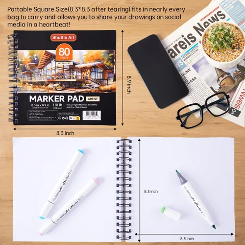 Miniatura 7 de Shuttle Art Almohadilla de Marcadores, Cuaderno de Bocetos Cuadrado Portátil de 8.3”x8.9”, 80 Hojas de Papel para Dibujo con Marcadores, Papel