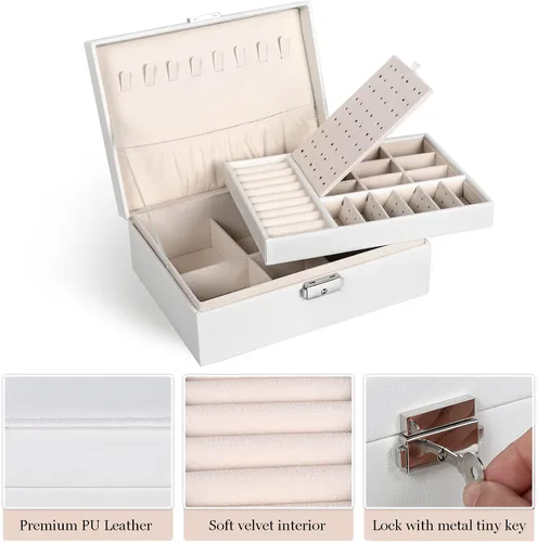 Miniatura 25 de Joyero para mujeres y niñas, contenedor organizador de joyas de 2 capas con cerradura, estuche de almacenamiento de piel sintética con bandeja