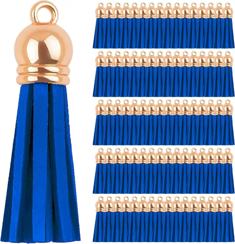 Miniatura 87 de Mandala Crafts 100 borlas de gamuza sintética color aguamarina con tapa dorada, suministros para hacer llaveros a granel, pequeñas borlas de cuero