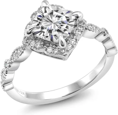 Miniatura 52 de Gem Stone King Anillo de compromiso solitario de moissanita blanca con piedra natal de corte cojín de 0.276 in para mujer, plata de ley 925