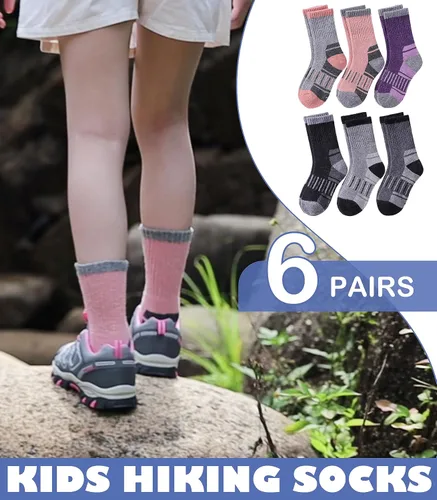 Miniatura 4 de LINEMIN Calcetines de senderismo de lana merino para niños y niñas, cálidos, gruesos, térmicos, acolchados, para invierno, 6 pares
