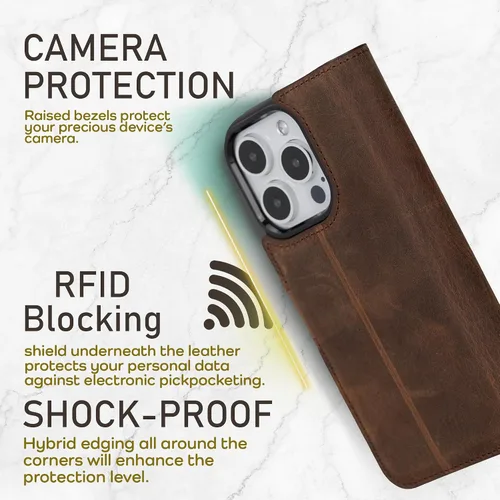 Miniatura 5 de Bayelon Funda tipo cartera para iPhone 15 Pro, cartera de cuero de grano completo, funda magnética desmontable, tarjetero, funda tipo cartera