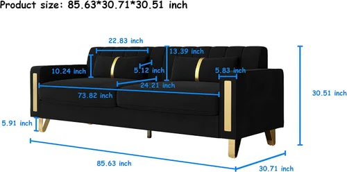 Miniatura 2 de Sofá cama modular de tela de terciopelo de 85.62 pulgadas, 3 asientos, fácil de montar con 2 almohadas de sofá, patas de metal dorado para sala