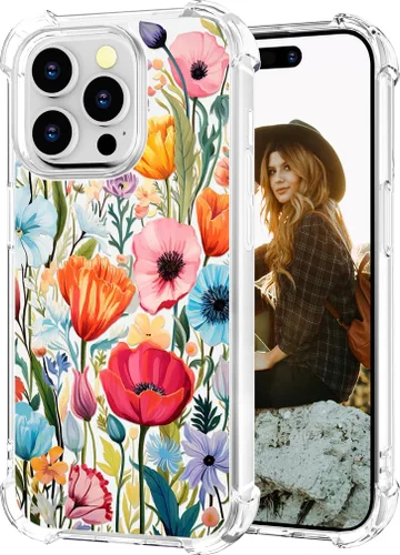 Miniatura 74 de Hungo Funda compatible con iPhone 15 Plus para mujer, diseño floral transparente, lindo, flor azul rosa Rosas Azules