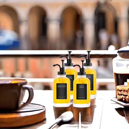 Miniatura 7 de Joyfulmap 4 dispensadores de jarabe de café, dispensador de bomba negro con botellas para accesorios de cafetería, botella de café de vidrio