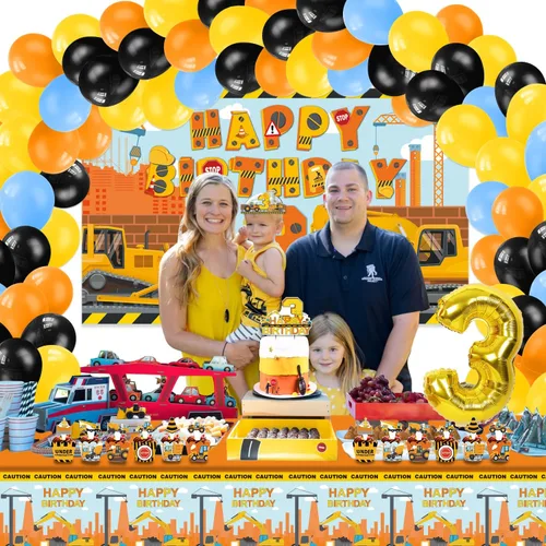 Miniatura 7 de Suministros de fiesta de cumpleaños de construcción para niños de 3 años, 139 piezas de decoraciones de fiesta de camión volquete para niños