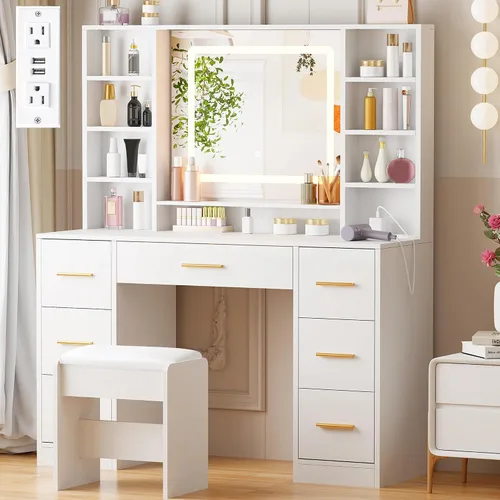ANWBROAD Mesa de Tocador con Espejo Iluminado 39.4" Tocador de Maquillaje para Niñas con Toma de Corriente 3 Colores de Iluminación Brillo Ajustable