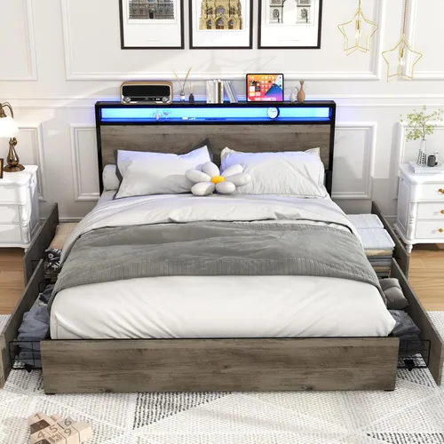 Miniatura 17 de Kiivakii Base de cama Queen con cabecero, base de cama de plataforma LED con 4 cajones de almacenamiento, estación de carga integrada, sin ruido