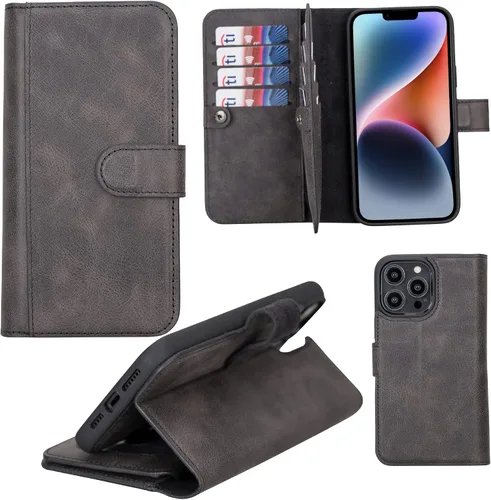 Miniatura 12 de HARDISTON Funda de piel auténtica de alta calidad hecha a mano para iPhone 11 Pro de 5.8 pulgadas, tarjeteros de doble folio, funda magnética Negro