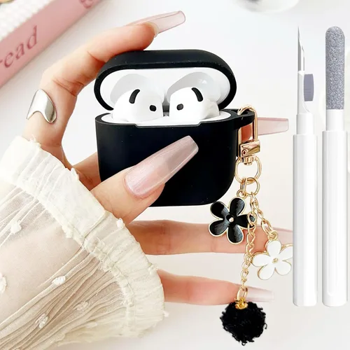 Miniatura 15 de Bonita funda negra para Airpods de 2ª/1ª generación para niñas y mujeres, con llavero de pompón de flores y kit de limpieza, funda protectora tipo