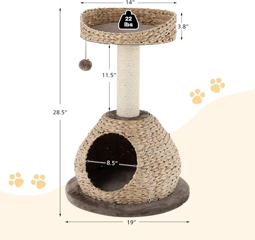 Miniatura 4 de Tangkula Árbol para gatos moderno, torre para gatos pequeña con poste de rascar de sisal natural, condominio para gatos de mimbre hecho a mano