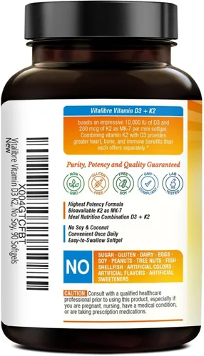 Miniatura 9 de Suplemento de Vitamina D3 K2 de Vitalibre, 10000 IU D3 / 200 mcg K2 MK7, Absorción de Calcio, Apoyo para Huesos, Corazón, Sistema Inmunológico