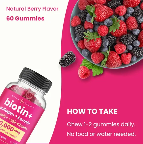 Miniatura 7 de NutraChamps Gomitas de biotina de 5000 mcg con colágeno, queratina y más – Vitaminas para la piel y las uñas para mujeres y hombres – Apoya el ciclo