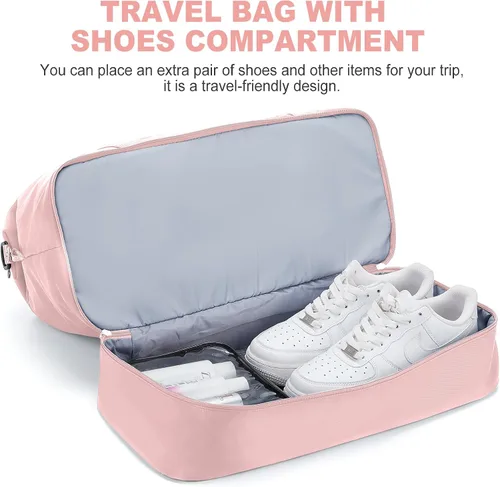 Miniatura 5 de Bolsas de fin de semana para mujer, bolsas de viaje con compartimento para zapatos, Rosado, Bolsa de viaje+neceser