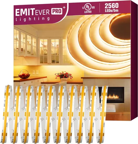 EMITEVER - Tira de luces LED COB de color blanco cálido, 2700 K, cinta de luz de alta densidad, CC 24 V, 360 + lúmenes/pies, 2560 LED/carrete, Ra