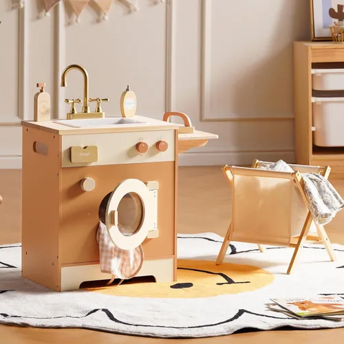 ROBOTIME Juego de lavadora de cocina de juguete, lavadora de juguetes de madera para niños con cesta de ropa, plancha y fregadero, juguete de cocina