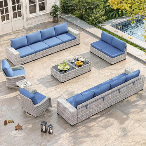 Miniatura 56 de Juego de muebles de mimbre para patio al aire libre de 3 piezas, sillas de patio giratorias mecedoras con respaldo alto con cojines gruesos de 4