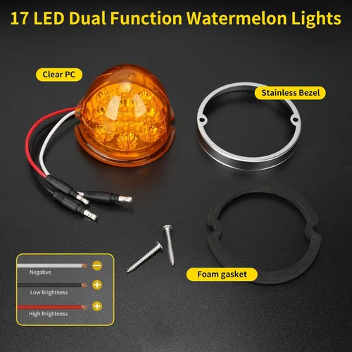 Miniatura 6 de 2 piezas de luces de sandía, luz de sandía LED de doble función de 17, lente ámbar con bisel de acero inoxidable, luces de señal de parada y giro