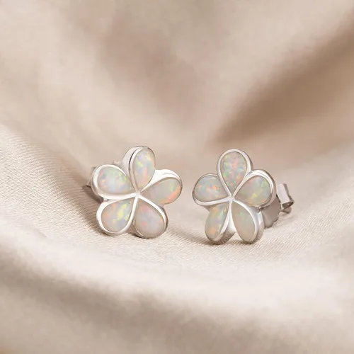 Miniatura 2 de Aretes de plata de ley 925 con diseño de ópalo hawaiano de plumeria, sin níquel, hipoalergénicos para pieles sensibles, acabado rodio, caja