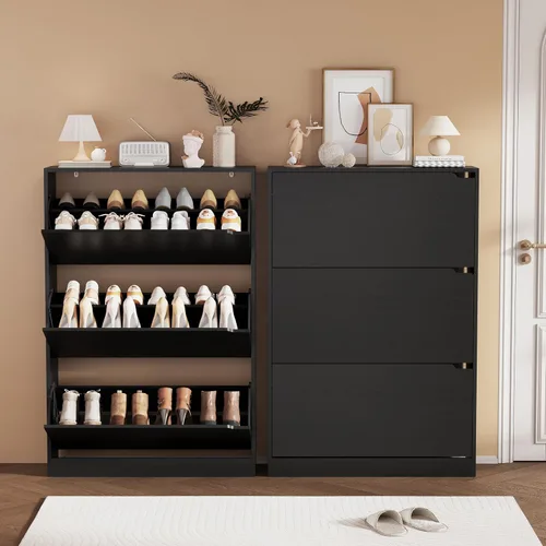Miniatura 3 de Armario de almacenamiento de zapatos, organizador de zapatos de madera para entrada con 3 cajones abatibles, zapatero independiente con estante Negro