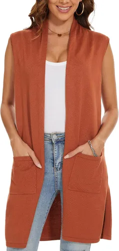 Miniatura 2 de INKOFF Chaleco de punto largo para mujer, sin mangas, con bolsillos, frente abierto, drapeado, chaleco casual