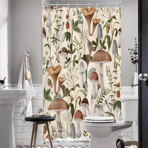 HVEST Cortina de ducha de hongos de los años 70, varios hongos y hojas sobre fondo beige, cortina de baño con ganchos, accesorios de decoración de