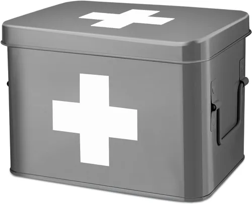Flexzion - Caja para medicamentos del hogar, botiquín de farmacia, 33 x 21 x 19 cm, caja de almacenamiento de metal para medicamentos de emergencia,