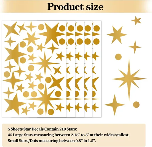 Miniatura 5 de Calcomanías de pared vintage con estrellas doradas, 5 hojas, 210 unidades, calcomanías con estrellas y puntos, calcomanías de arte de pared