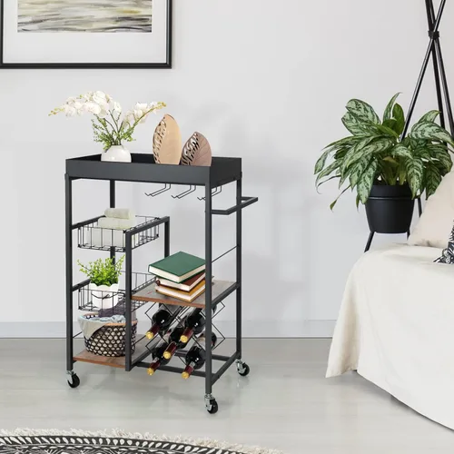 Miniatura 3 de Giantex Carrito de isla de cocina con ruedas, carrito de servicio de bar móvil, con bandeja superior extraíble, estante para vino, soporte