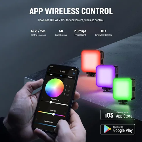 Miniatura 4 de NEEWER RGB62 Luz de video RGB magnética con control de APP mejorado, luz de cámara LED de color completo a 360° con 3 Cold Shoes CRI97+ 2500K-8500K