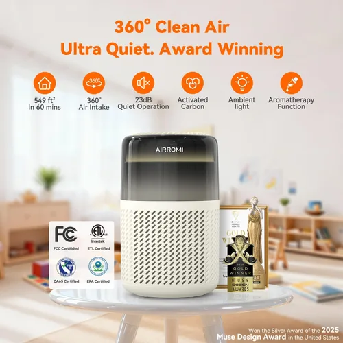 Miniatura 2 de Purificador de aire HEPA AIRROMI para dormitorio y hogar, purificador de aire para mascotas del hogar, elimina el olor a mascotas, olor a arena