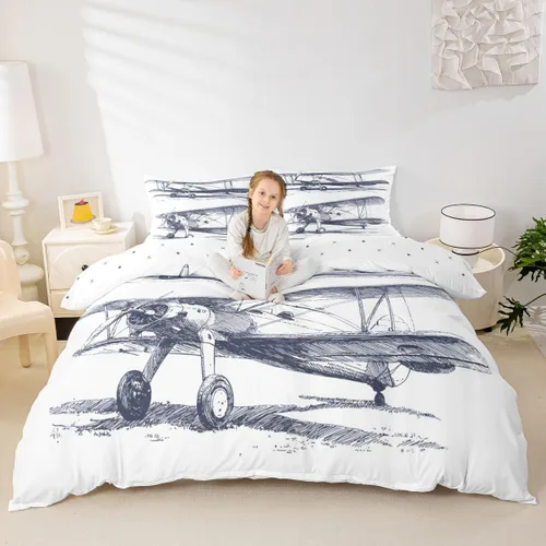 Miniatura 4 de Feelyou Juego de ropa de cama de avión, tamaño individual, para niños, adolescentes, funda de edredón para vuelo, helicóptero, avión volador, azul