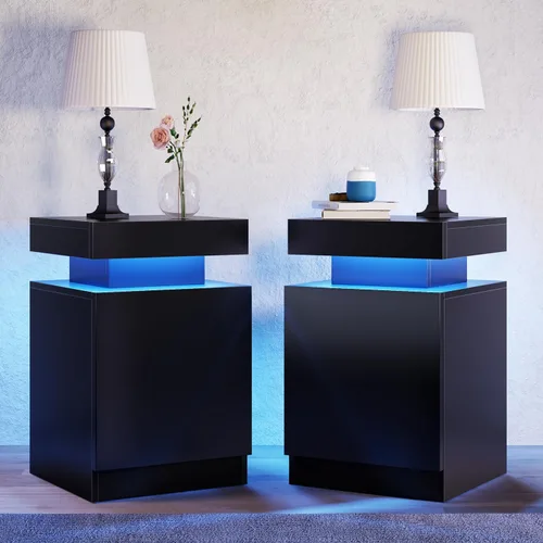 oneinmil Juego de 2 mesitas de noche con luces LED, mesita de noche con armario de almacenamiento para dormitorio, mesita de noche con LED, color