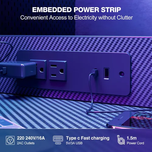 Miniatura 7 de Grandder - Escritorio de juegos de 40 pulgadas con toma de corriente y luz LED, escritorio para computadora con estantes reversibles y cajón
