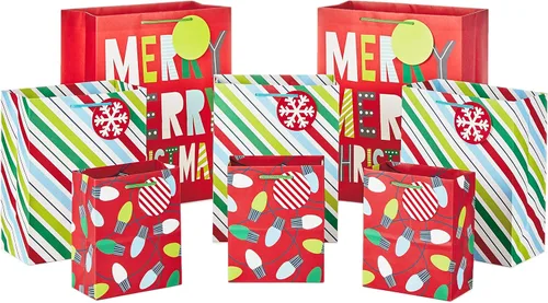 Hallmark Bolsas de regalo de Navidad de varios tamaños (8 bolsas: 3 pequeñas 6", 3 medianas 9", 2 grandes 13") rojo, verde, rayas azules, luces,