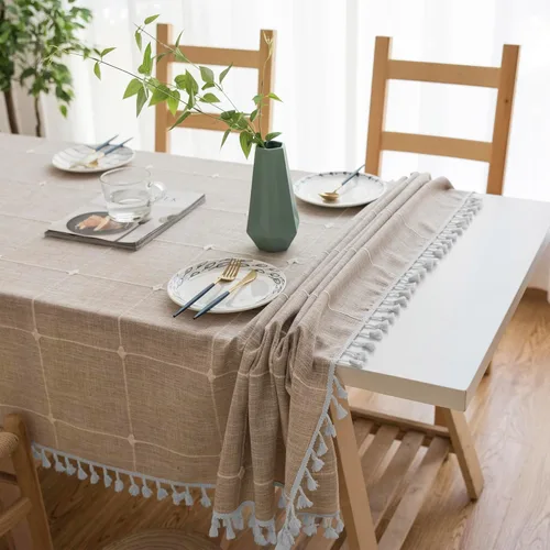 Miniatura 2 de Oubonun Mantel rectangular de lino de algodón, resistente a arrugas, impermeable, lavable, estilo casa de campo, con borlas, para cocina, comedor