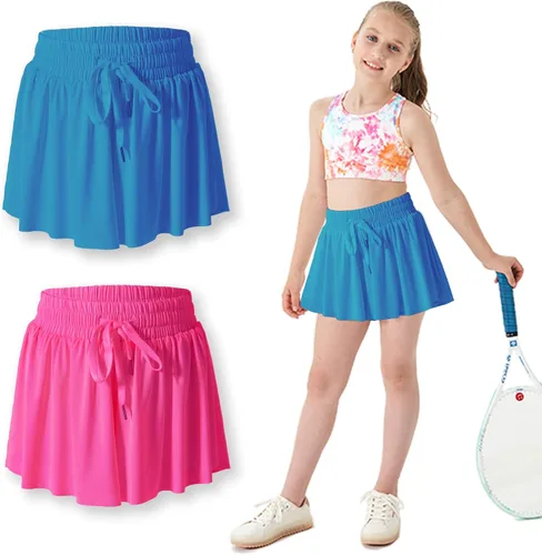 2-in-1 Butterfly Shorts Girls Flowy Shorts, Kids Girls Athletic Shorts with Spandex Liner and Side Pocket for Fitness
