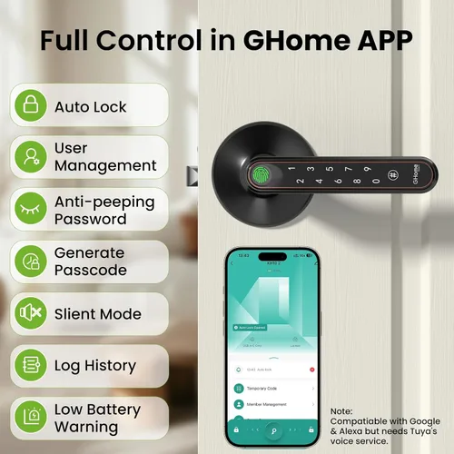 Miniatura 5 de Ghome Smart Konb de puerta de huellas dactilares con cerradura, liberación rápida 0.2S, cerradura de puerta de entrada sin llave 4 en 1 con asa