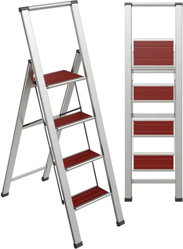 Miniatura 19 de Escalera plegable de 1 escalón, decorativa, hermosa caoba y aluminio negro, perfil ultra delgado, peldaños antideslizantes, resistente y portátil
