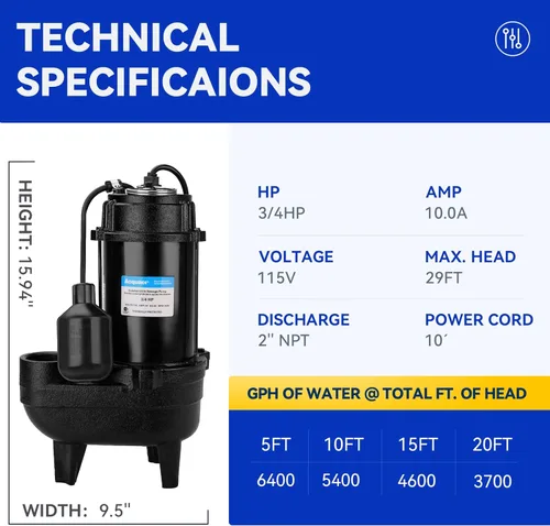 Miniatura 7 de Acquaer 3/4HP Bomba sumergible de efluentes de aguas residuales, hierro fundido, interruptor de flotador automático amarrado de 115V 6400 GPH, bomba