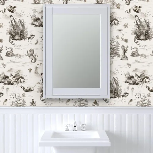 Miniatura 9 de Spoonflower Papel tapiz para despegar y pegar, diseño vintage de dragón, océano, pulpo, sepia, toile, sirena, steampunk, papel tapiz extraíble