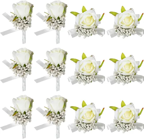 Geosar Juego de 12 ramilletes blancos de boda y boutonniere para novia, dama de honor, incluye 6 muñequeras artificiales y 6 boutonniere para