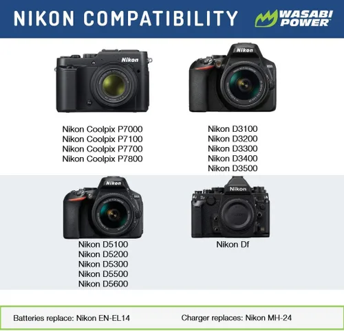 Miniatura 2 de Wasabi Power Batería (paquete de 2) y cargador para Nikon EN-EL14, EN-EL14a y Nikon P7000, P7100, P7700, P7800, D3100, D3200, D3300, D5100, D5200