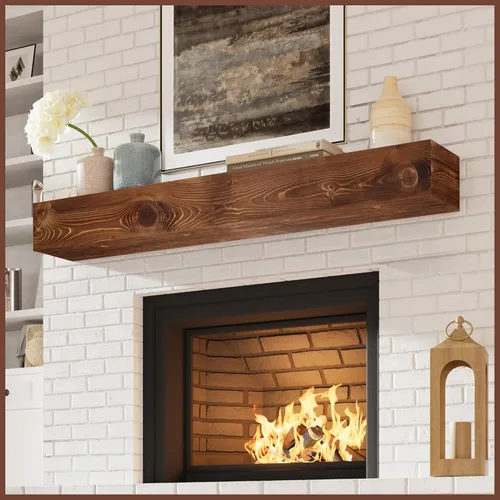 Miniatura 25 de Eshoma - Repisa para chimenea artesanal; estante sólido para colocarse sobre la chimenea; estante flotante montado en la pared con soportes Nogal