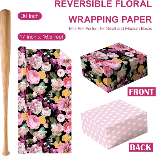Miniatura 4 de WRAPAHOLIC Papel de regalo floral reversible, mini rollo, 17 pulgadas x 33 pies, diseño floral colorido negro para cumpleaños, día de la madre