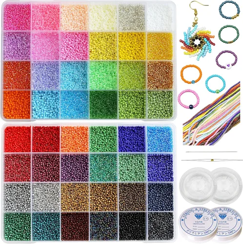 Bala&Fillic Tamaño de 0.079 in, cuentas de semillas de 48 colores, alrededor de 38000 piezas en caja de almacenamiento, 12/0 cuentas de semillas de